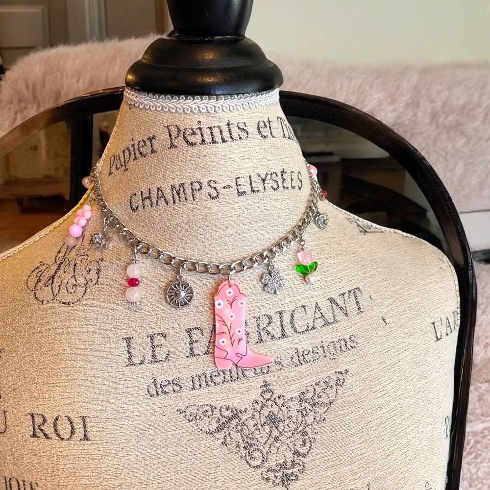 Pink and Silver Toned Cubic Zirconia and Rose Quartz Cowgirl Charm Necklace